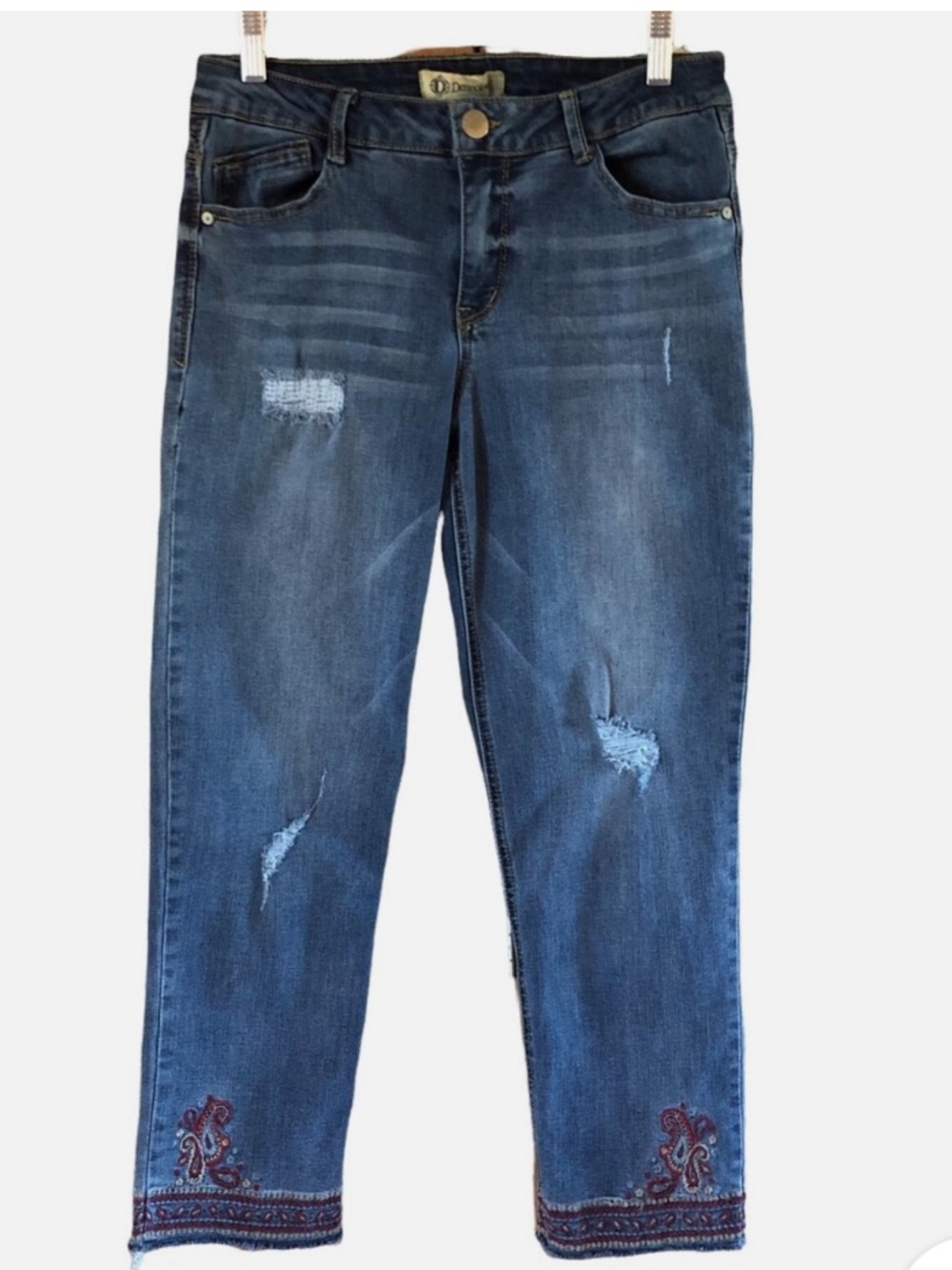 Democracy Blue Distressed Cropped Jeans with Embroidered Ankles